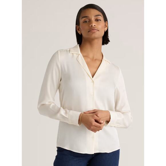 Quince Washable Stretch Silk Notch Collar Blouse Ivory Casual Wardrobe Womens M - Picture 1 of 12